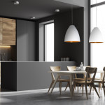Modern Kitchen Interior With Gray And Wooden Walls, A Concrete F